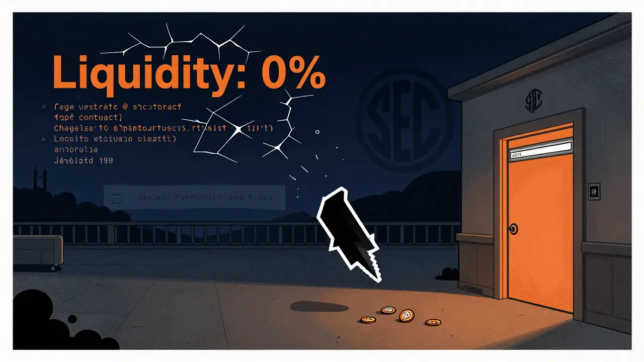 An empty trading terminal glows faintly under a warning of zero liquidity and a looming regulatory shadow.
