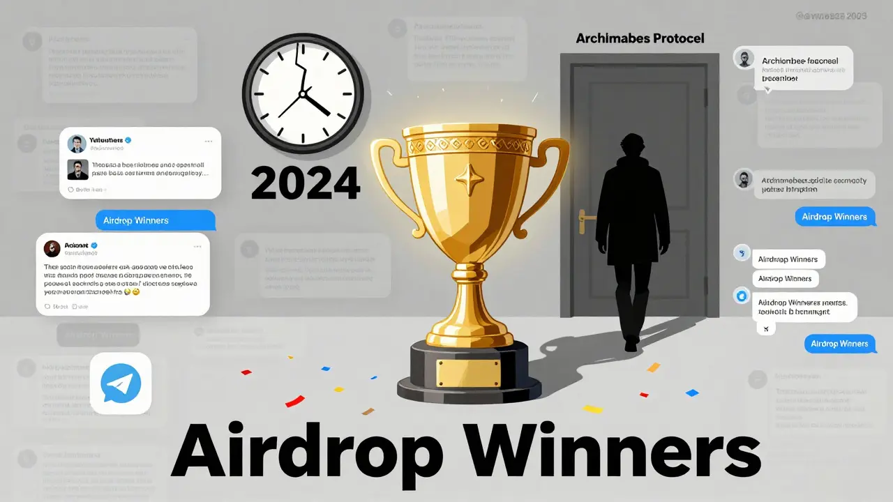 An empty trophy labeled 'Airdrop Winners' beside a closed door, with fading social media icons in muted tones.