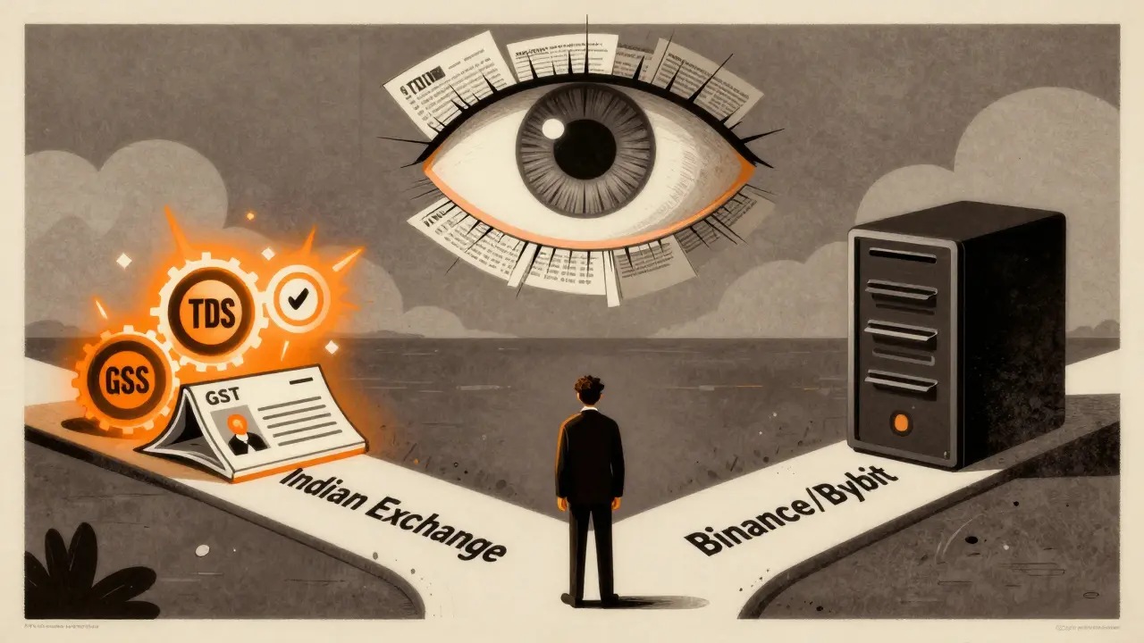 An investor at a crossroads between regulated Indian exchanges and offshore crypto platforms, watched by a giant tax eye.