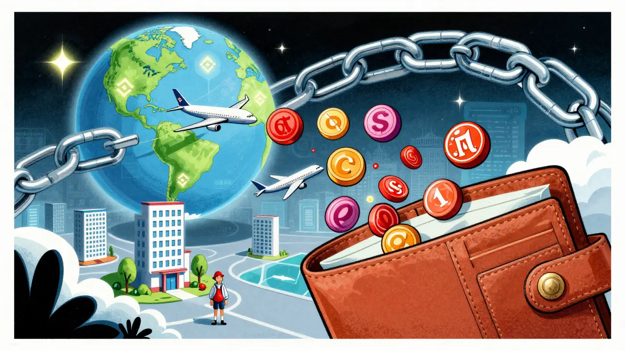 CANDY tokens transforming into hotels and planes as they fall from an open wallet