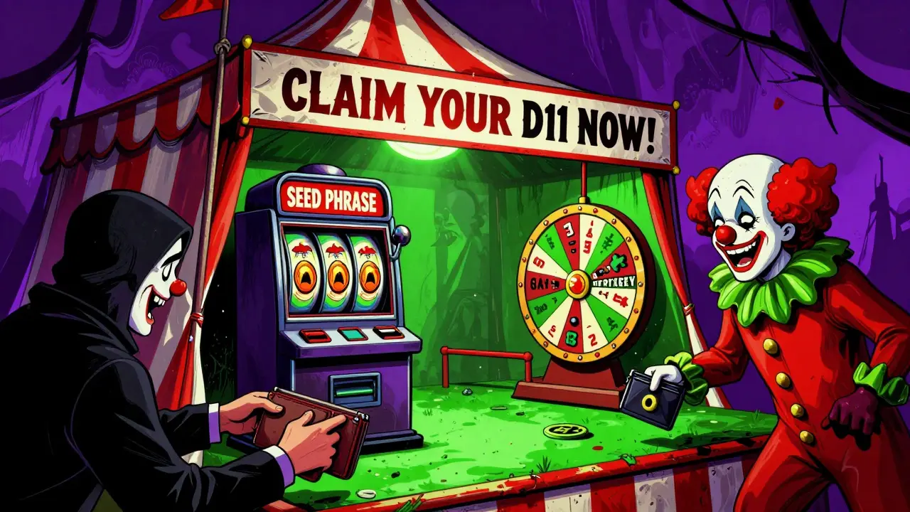Carnival tent luring victims with fake airdrop games, scammer clowns taking wallets.