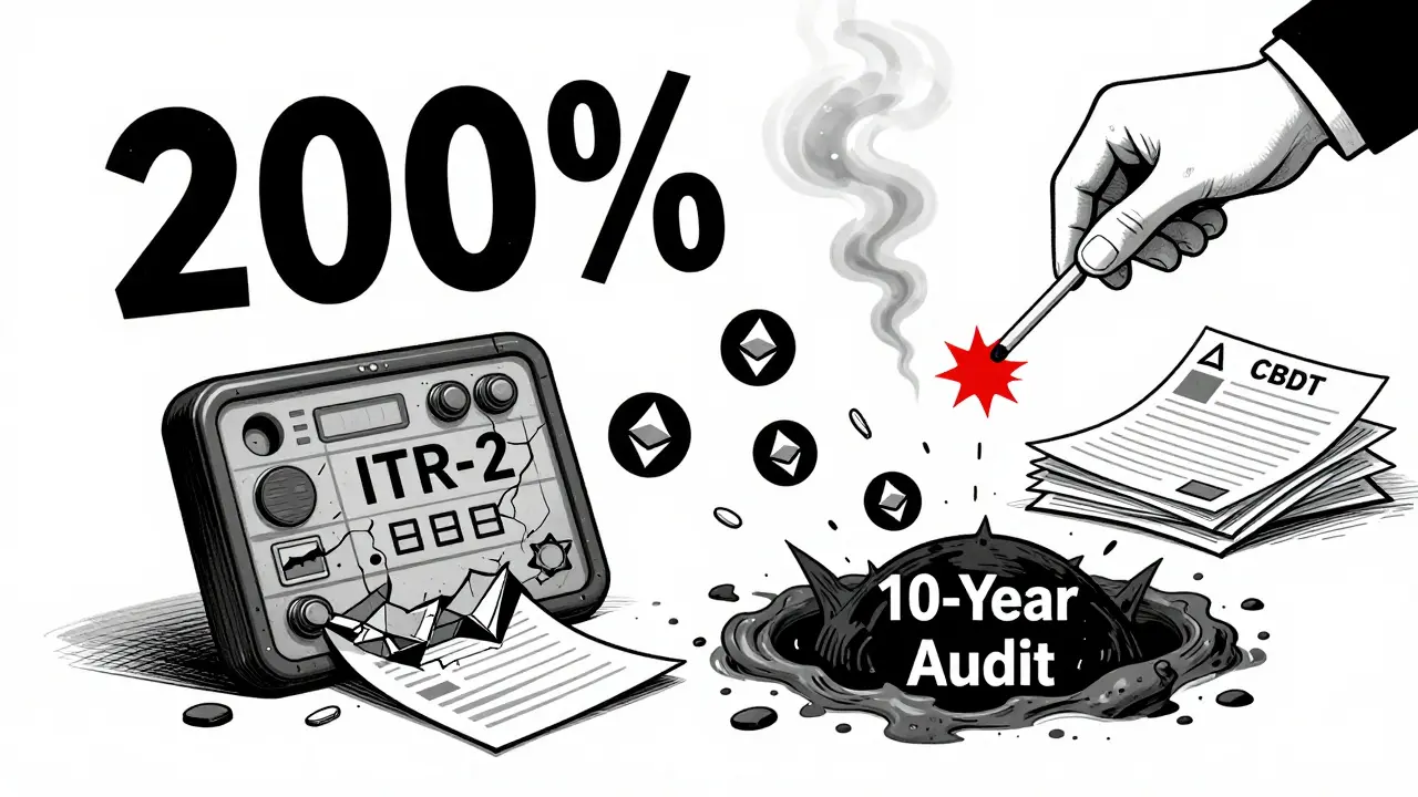 Crypto assets falling into a 10-year audit black hole as a hand holds a match to unfiled tax forms.