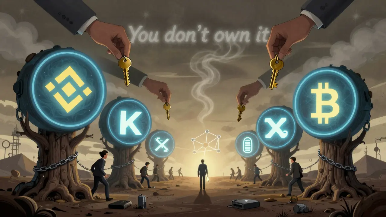 Crypto users chained to giant exchange logos, reaching for keys held by unseen hands, with one figure carrying a glowing wallet toward distant nodes.