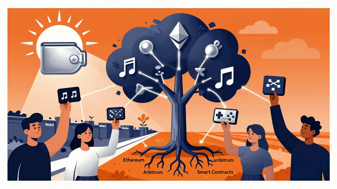 Diverse users hold digital assets connected to a blockchain tree, as old walled gardens crumble under a rising wallet-shaped sun.