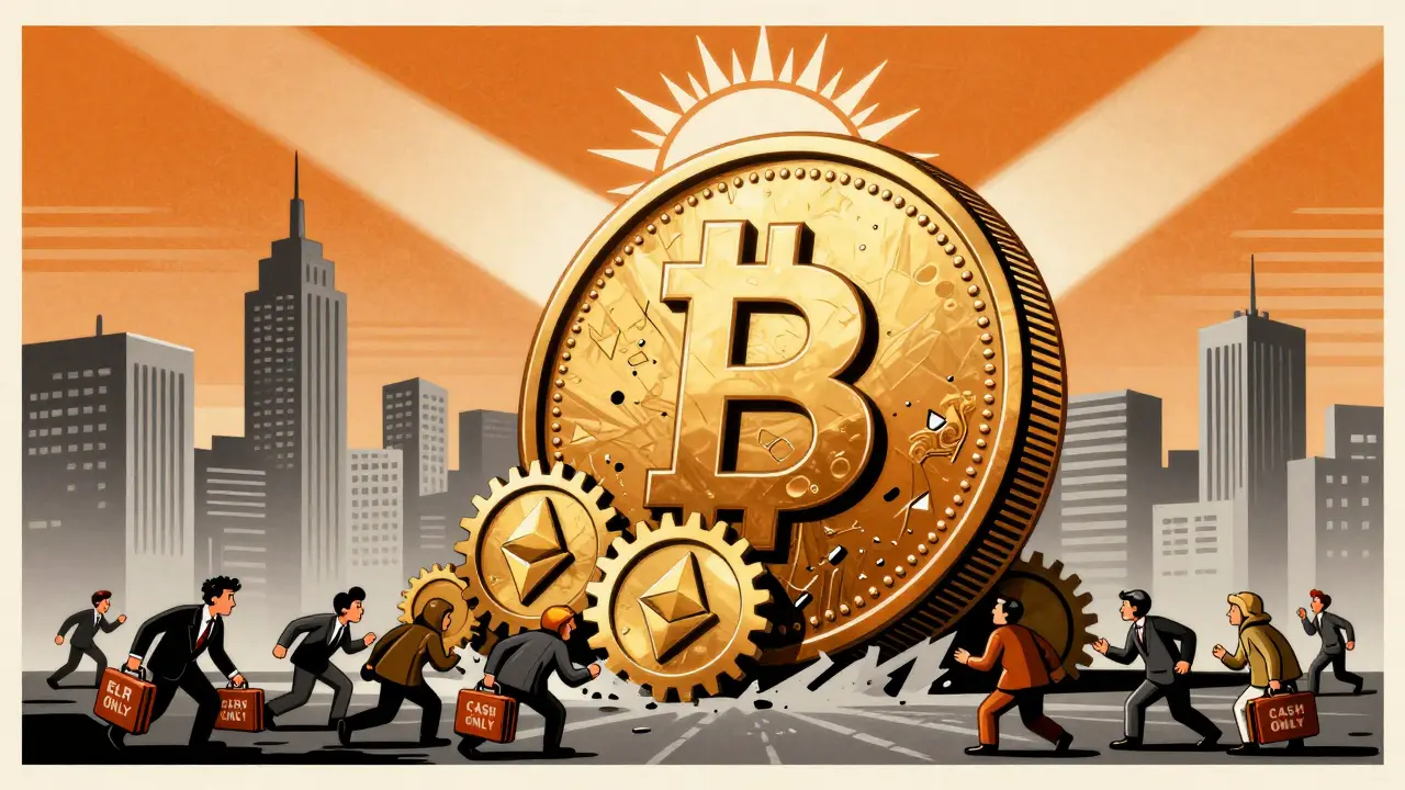 Giant digital ruble coin crushing crypto symbols over a city under surveillance beams