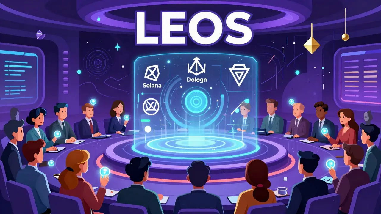 LEOS token holders cast voting orbs toward a holographic governance center in abstract poster design.