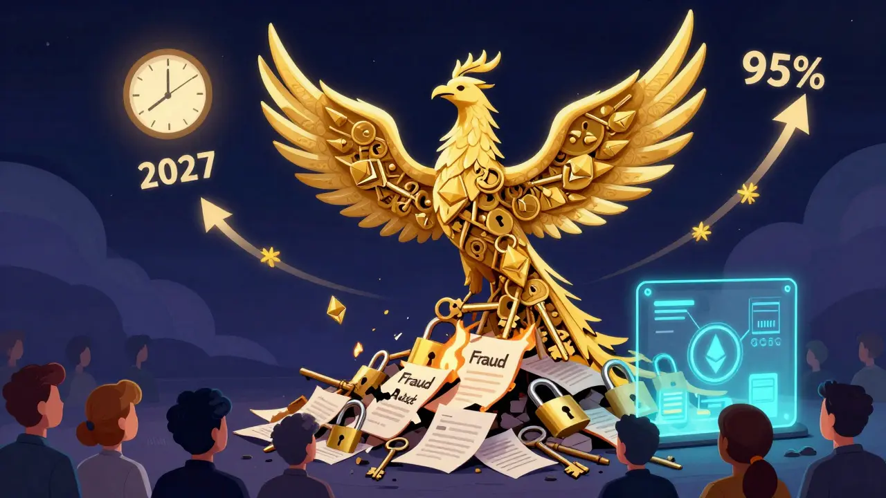 Phoenix made of keys rises from broken locks, symbolizing DAO treasury security and growth.