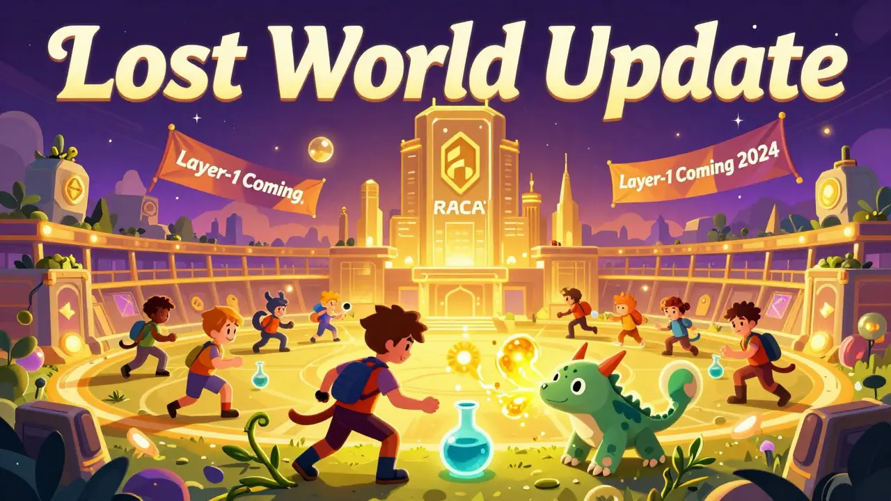 Players training Metamons in a glowing arena with Potion NFT effects and a rising RACA blockchain tower in the background.