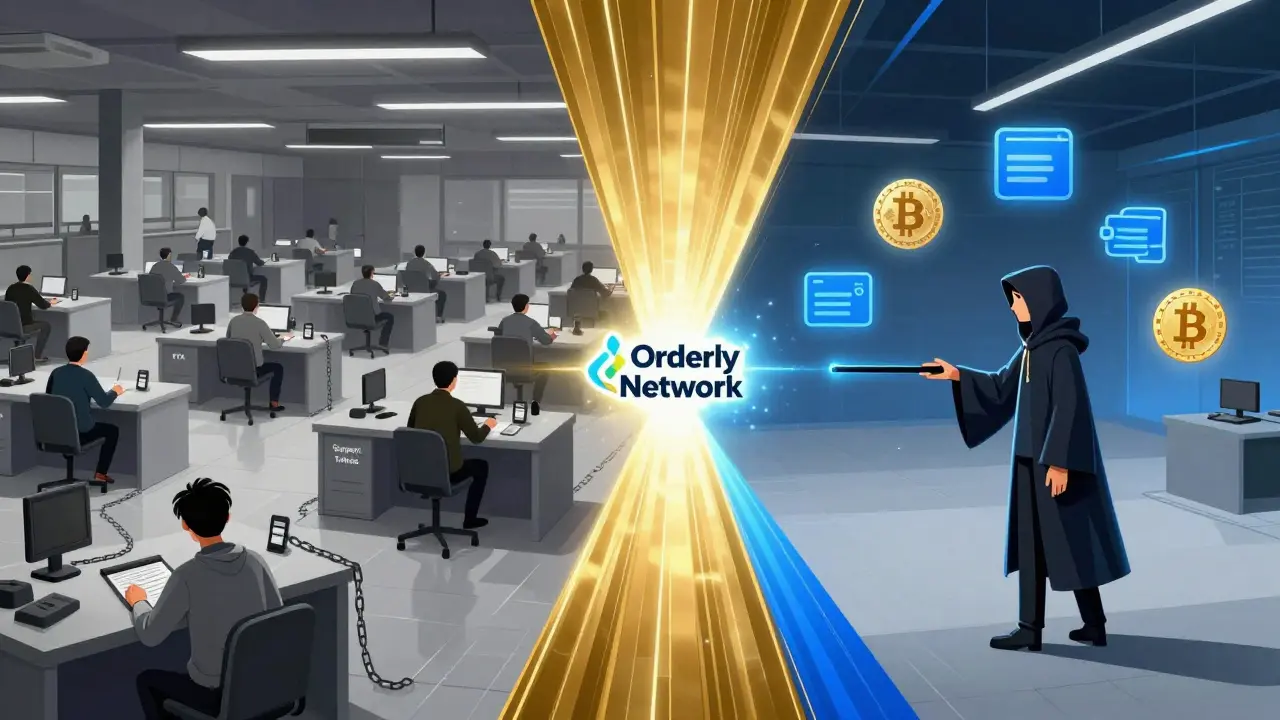 Split illustration: chaotic centralized exchange vs. clean decentralized trading with wallet connection.