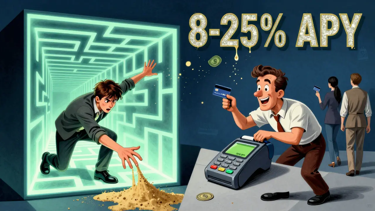 Split illustration of a trapped staker and a slow merchant terminal, with crumbling APY tokens and cold, dystopian colors.