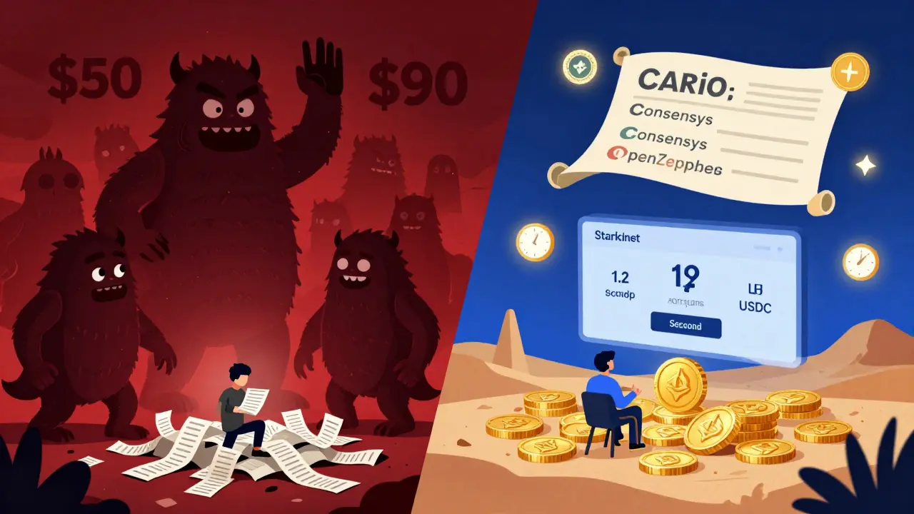 Split scene: chaotic Ethereum gas fees crushing a trader vs. calm StarkNet swap with verified code and low fees.