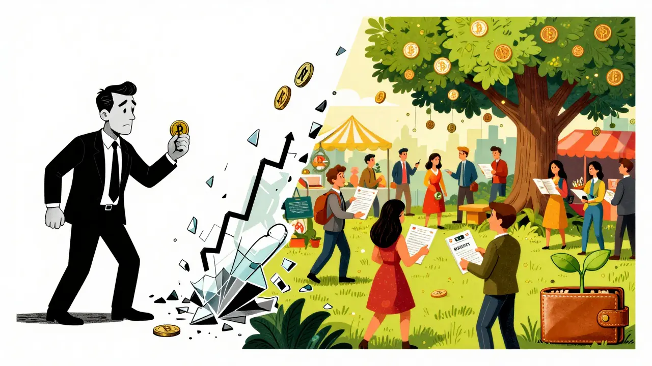 Split scene: collapsing price chart vs thriving crypto property marketplace, stylized in Polish poster art.