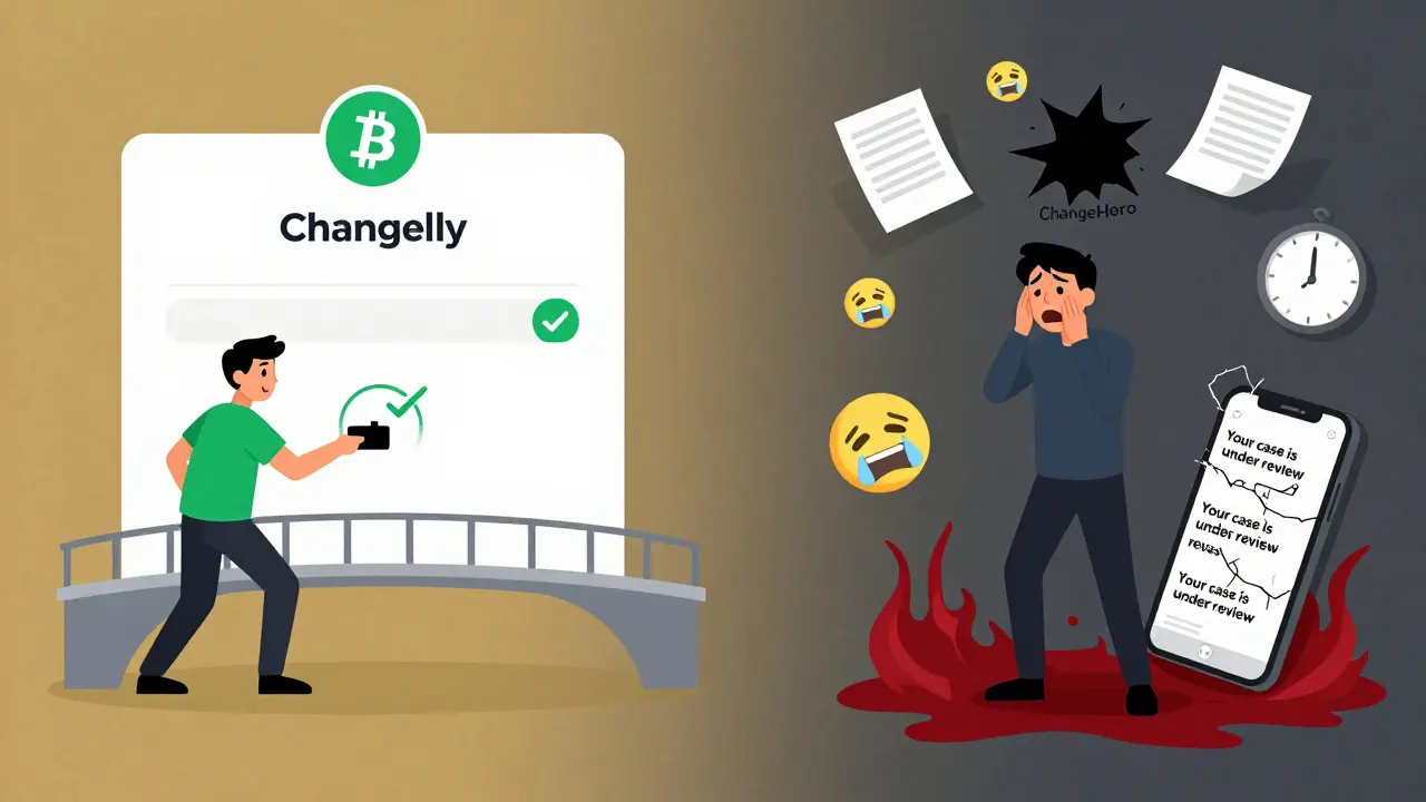 Split scene showing a user’s smooth crypto swap with Changelly versus their frozen funds and endless paperwork nightmare with ChangeHero.