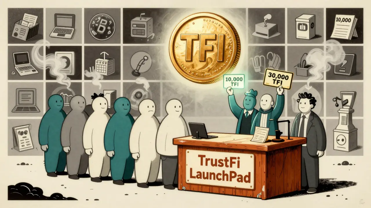 Tiny crypto projects queue at a lone TrustFi LaunchPad booth, with a glowing TFI token above and refund vouchers in hand.