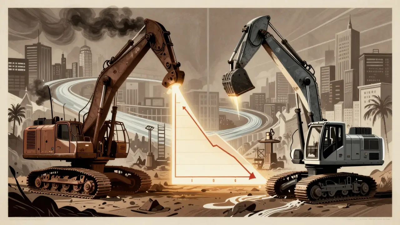 Two mining rigs contrasted by a halving graph, set against a digital transaction landscape.