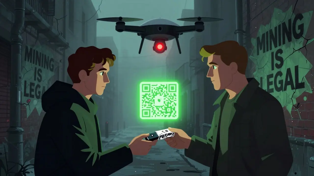 Two people exchanging crypto in alley as drone watches, QR code glowing between them