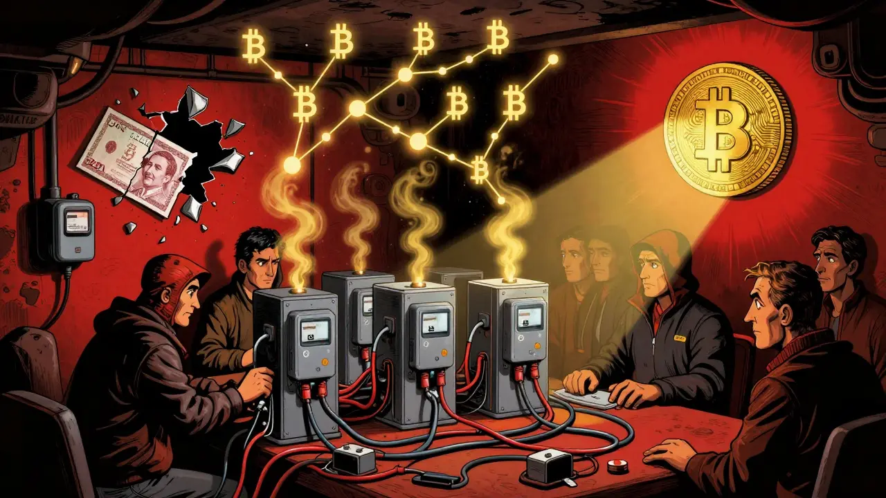 Underground crypto miners power rigs with stolen electricity, as DAI tokens rise like a golden sun above them.