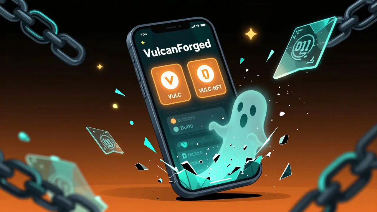 VulcanForged app glowing as a faded D11 token disintegrates into digital dust.