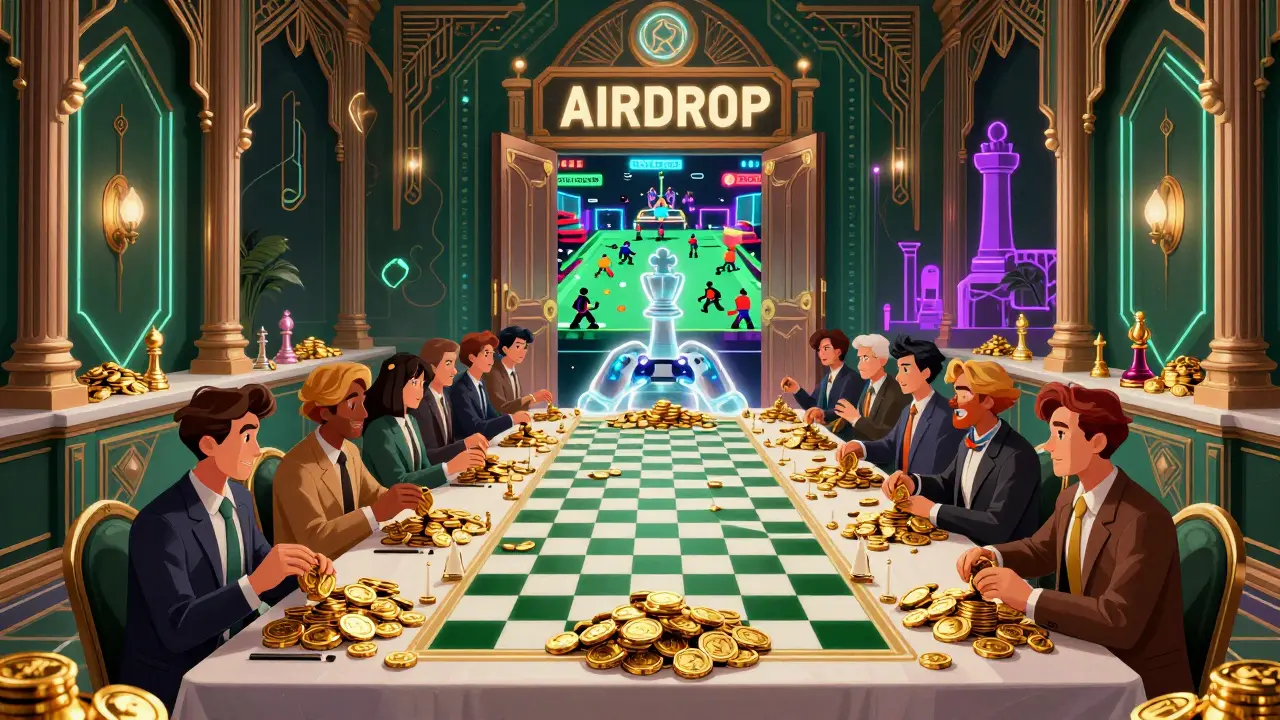 1,000 winners at a grand table with piles of tokens, while a chess king oversees a digital arena of active players.