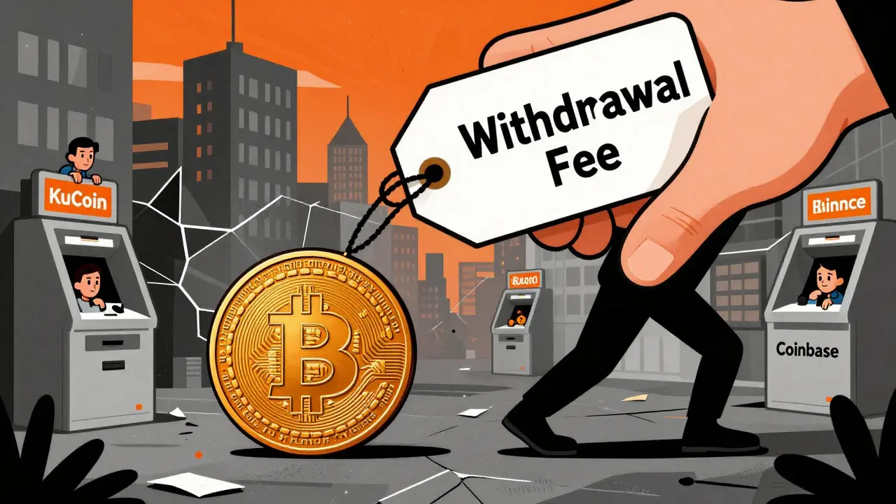 A Bitcoin coin labeled 0 being dragged away by a giant hand, while other exchanges offer easy exits.