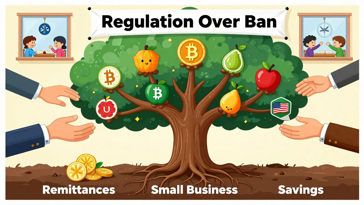 A blockchain tree rooted in Pakistan’s economy, bearing USDT and Bitcoin fruits, while foreign hands reach to influence its growth.