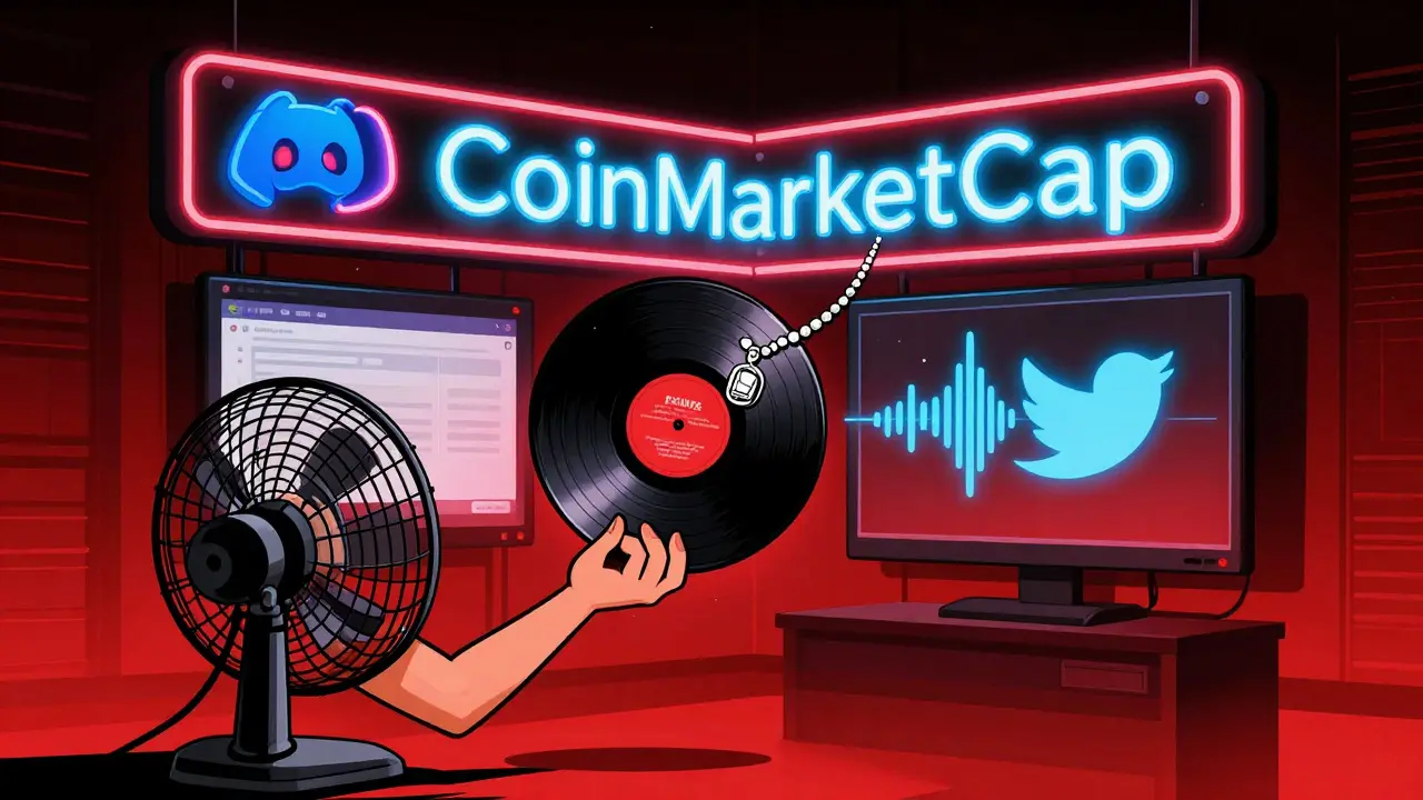 A fan holds a vinyl record transforming into a blockchain necklace, with CoinMarketCap and social media icons glowing in retro neon.