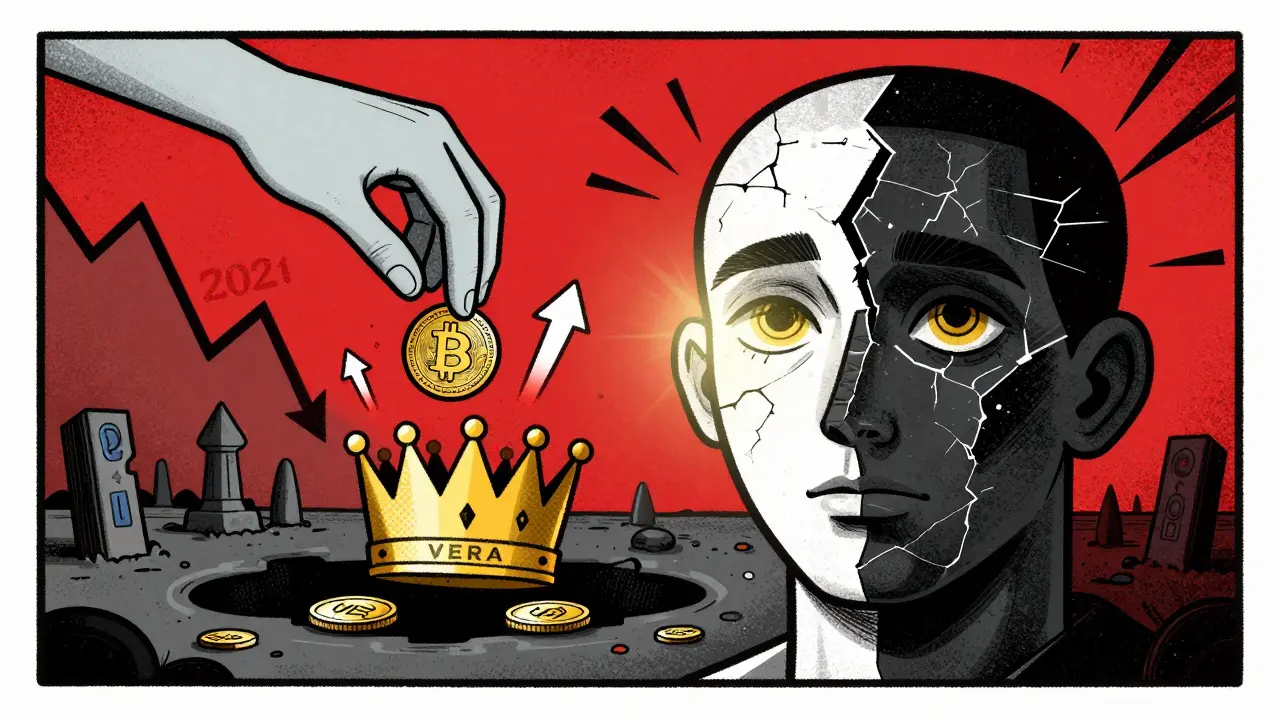 A fractured face symbolizing VERA's rise and fall, with tokens falling into darkness.