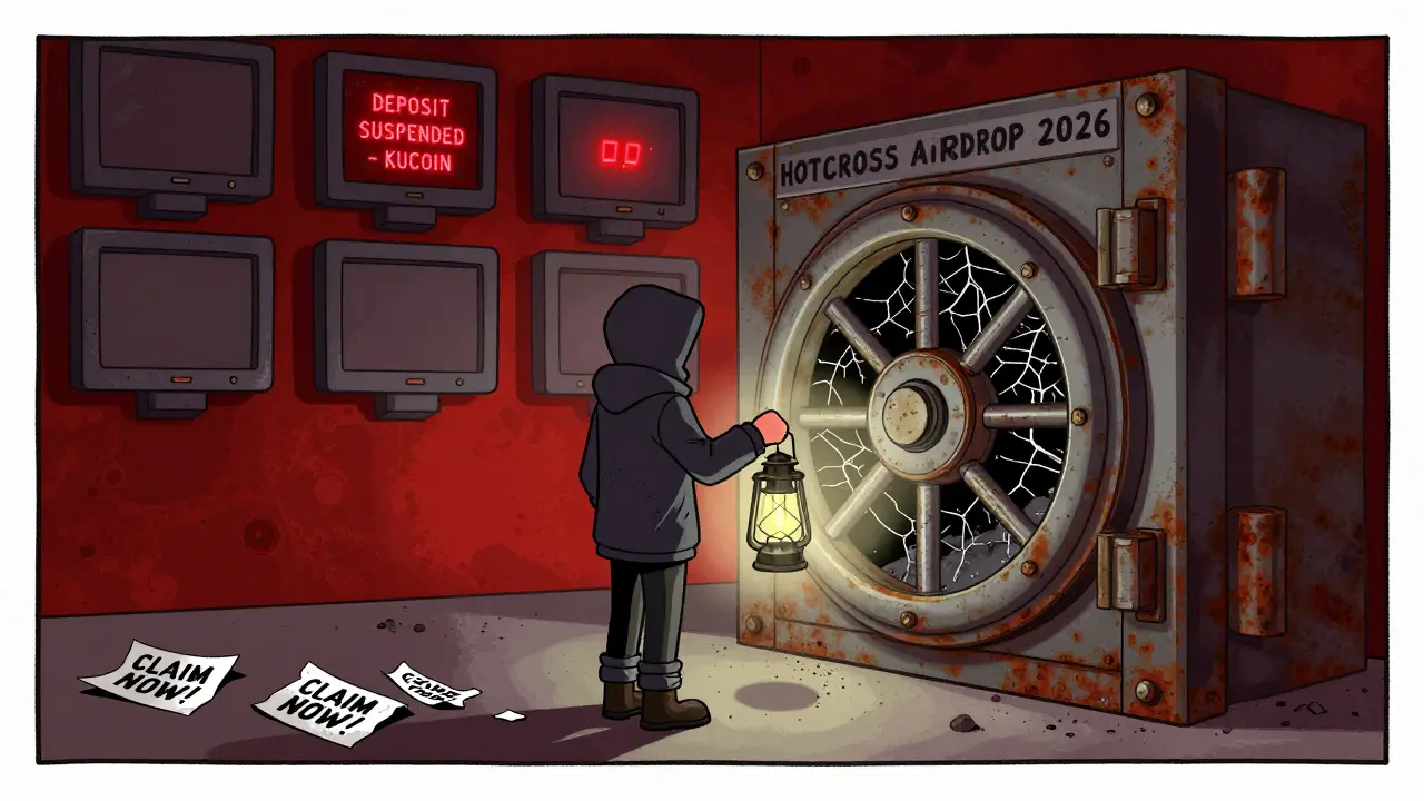 A lone figure facing a locked vault labeled 'HOTCROSS AIRDROP 2026', surrounded by abandoned tech logos and peeling flyers.