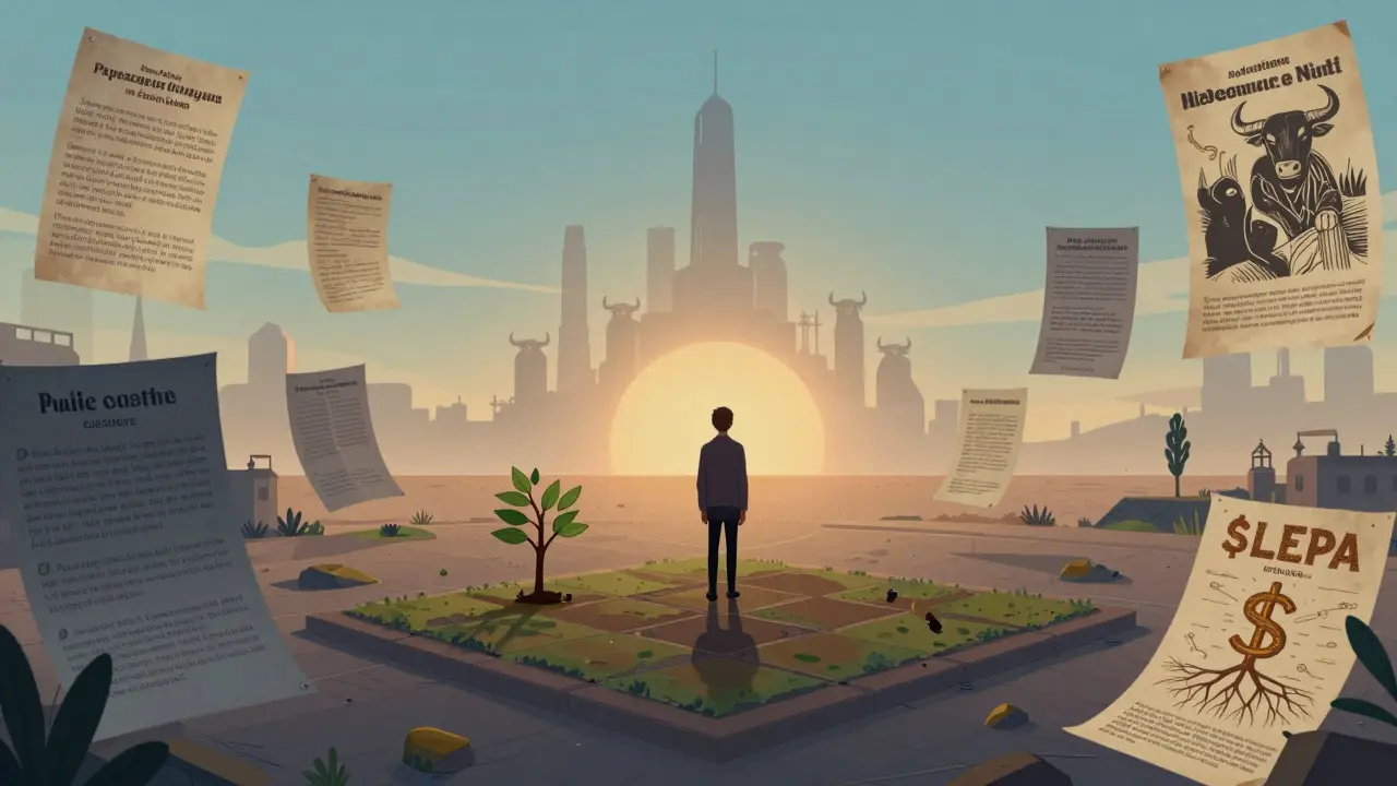 A lone Polqueen holder stands on a small land plot as Bull NFT monoliths rise in the distance, symbolizing quiet legacy in the Lepasa Metaverse.