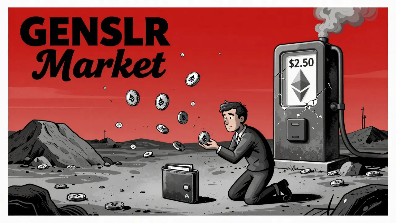 A lone wallet in a barren digital wasteland surrounded by worthless GENSLR tokens