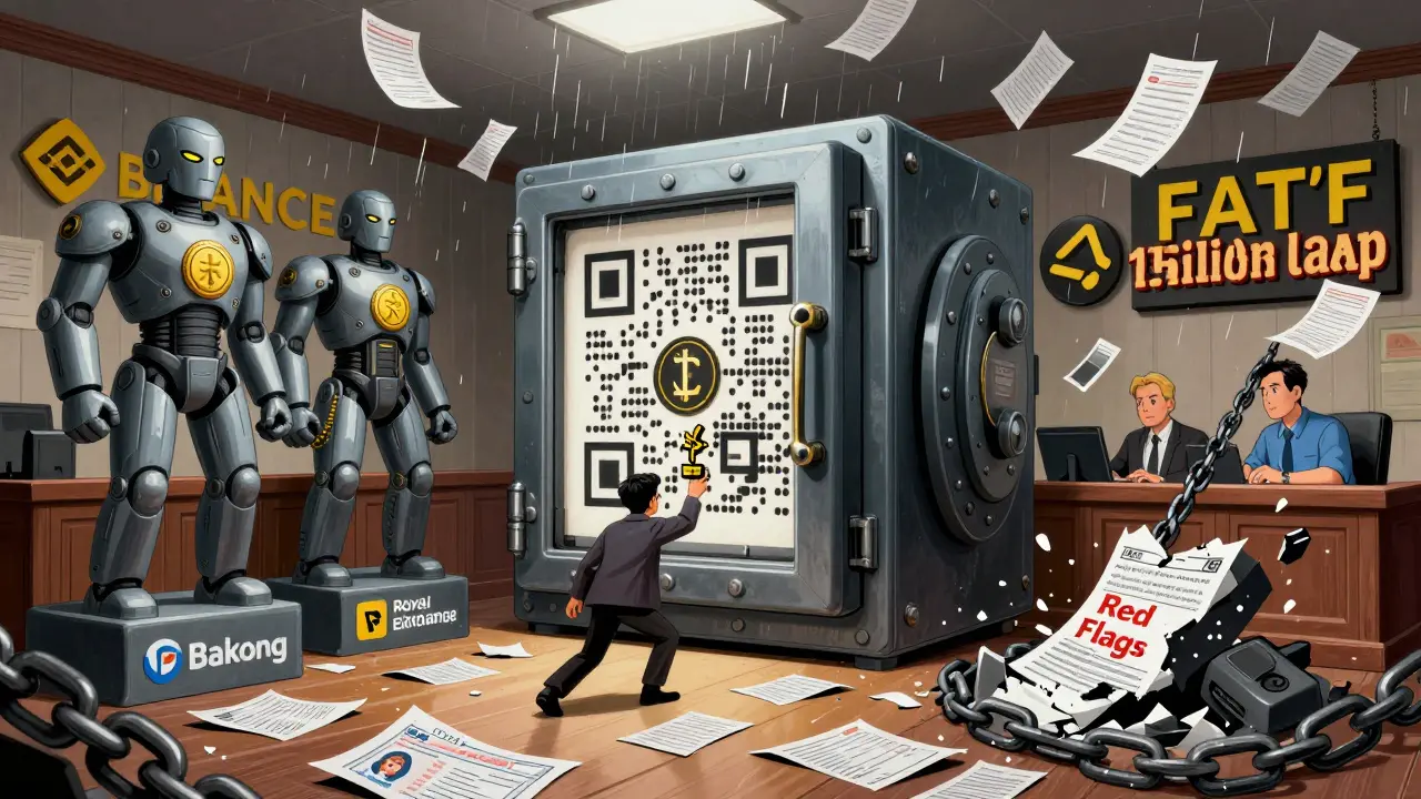 A man attempting to deposit Bitcoin into a Bakong-shaped vault, surrounded by chained exchanges and piles of paperwork.