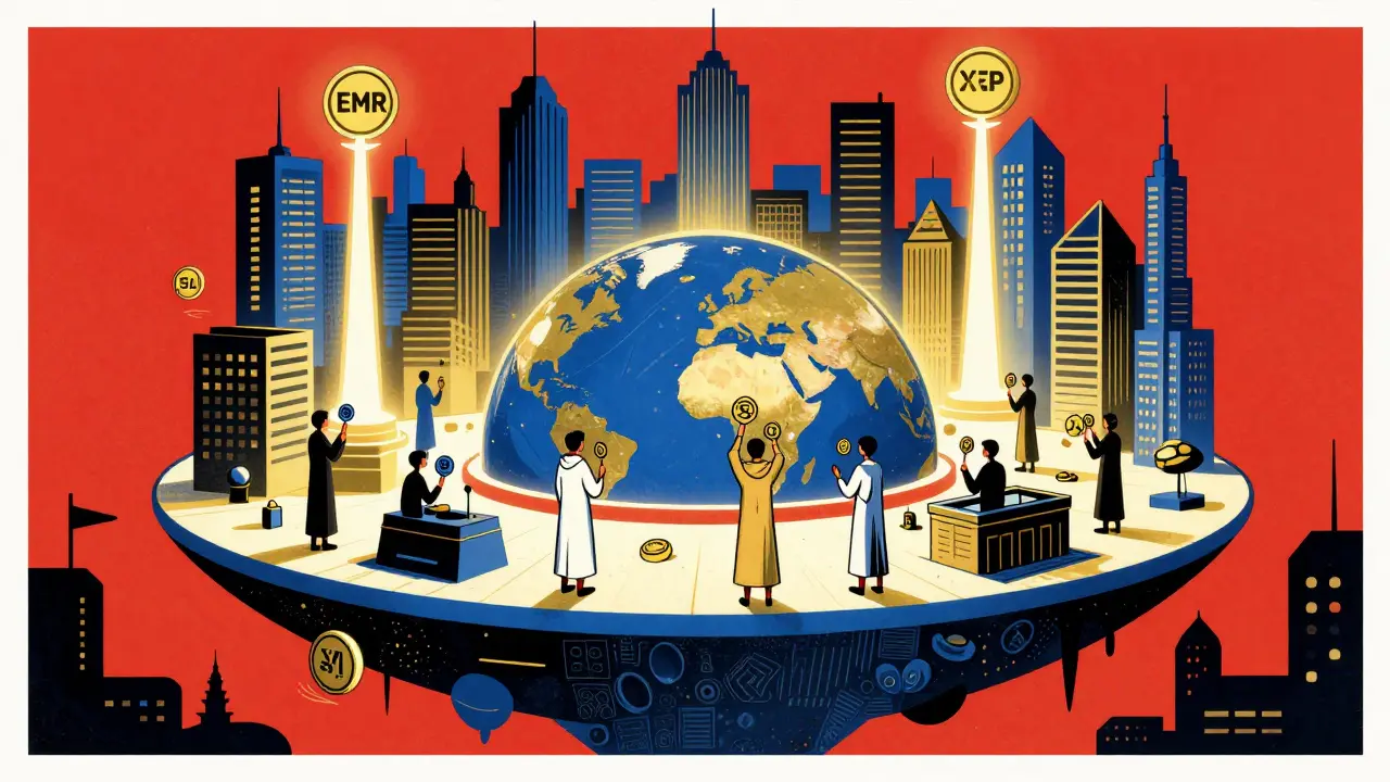 A metaverse city where citizens use EMT tokens to build, vote, and own digital property in a stylized poster composition.