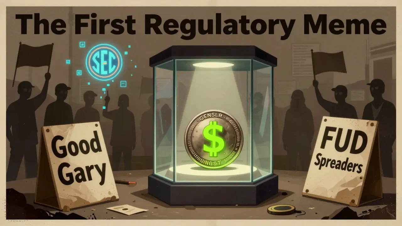 A museum exhibit displaying a single GENSLR token as a cultural artifact