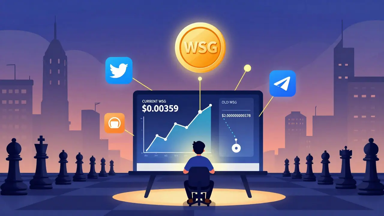 A person at a desk with two token charts — one rising, one collapsing — surrounded by digital icons connected by golden threads.