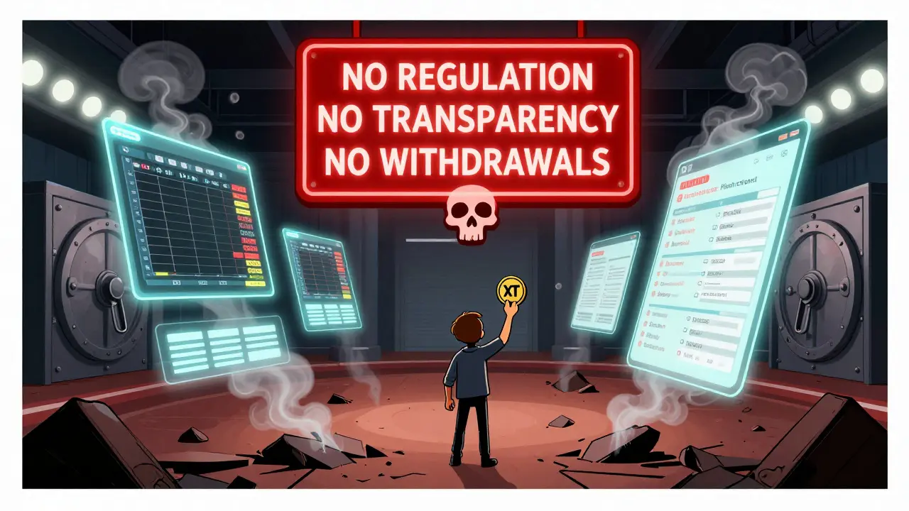 A person holding an XT token on a crumbling casino floor as fake trading interfaces vanish into smoke.