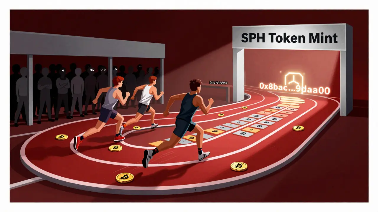 A race track shaped like a blockchain with early adopters sprinting toward a minting finish line, paved with BNB coins and NFT tiles.