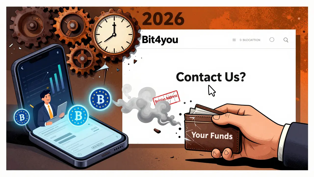 A split scene: modern crypto platform on one side, Bit4you's broken website on the other, with a dissolving wallet.