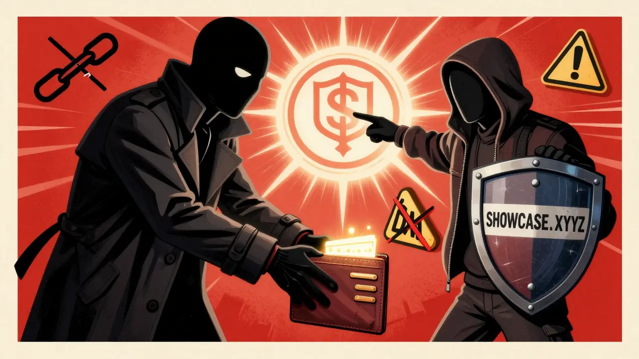 A vigilant user blocking a scammer with a shield bearing 'SHOWCASE.XYZ' against fake websites and phishing arrows.