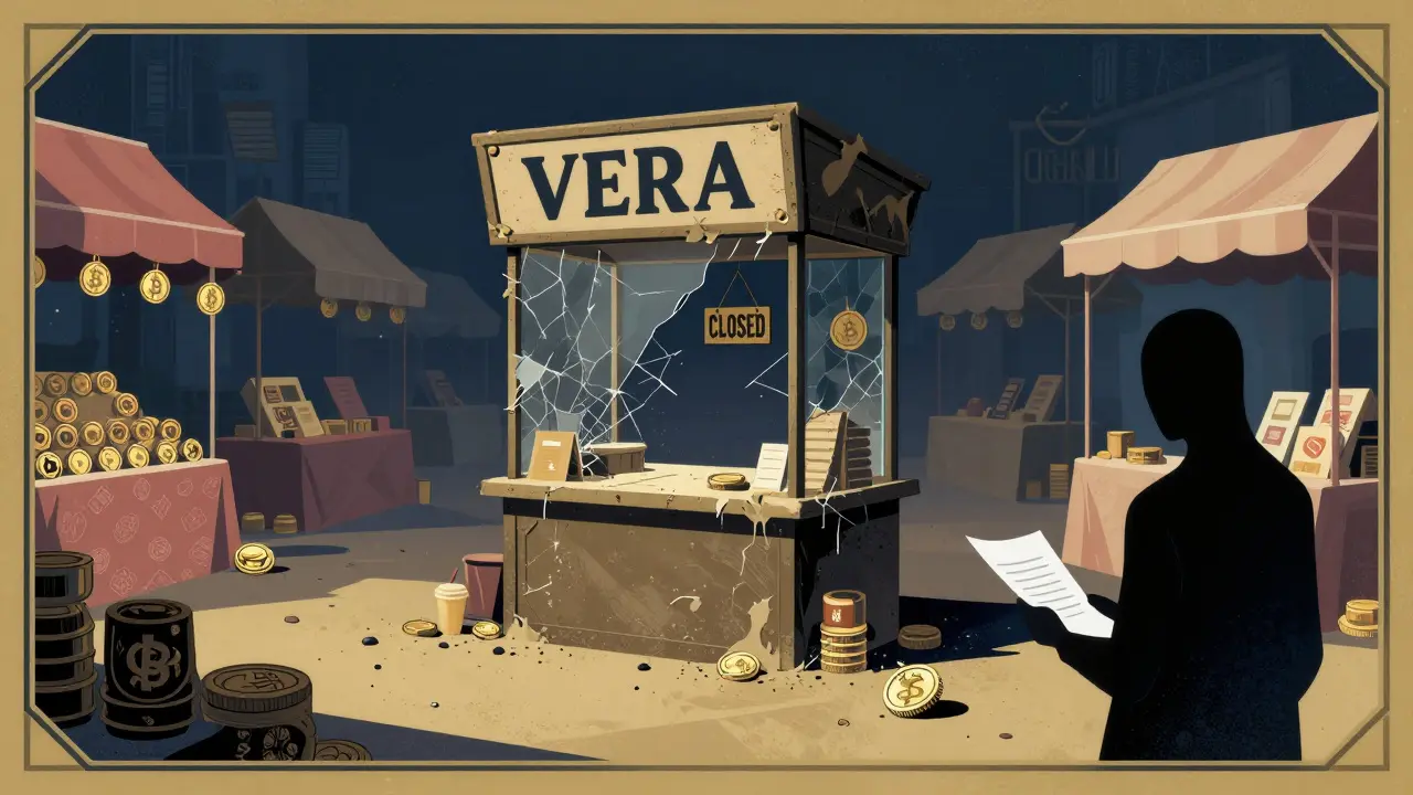 An abandoned VERA booth in a silent crypto market, overshadowed by thriving token stalls.