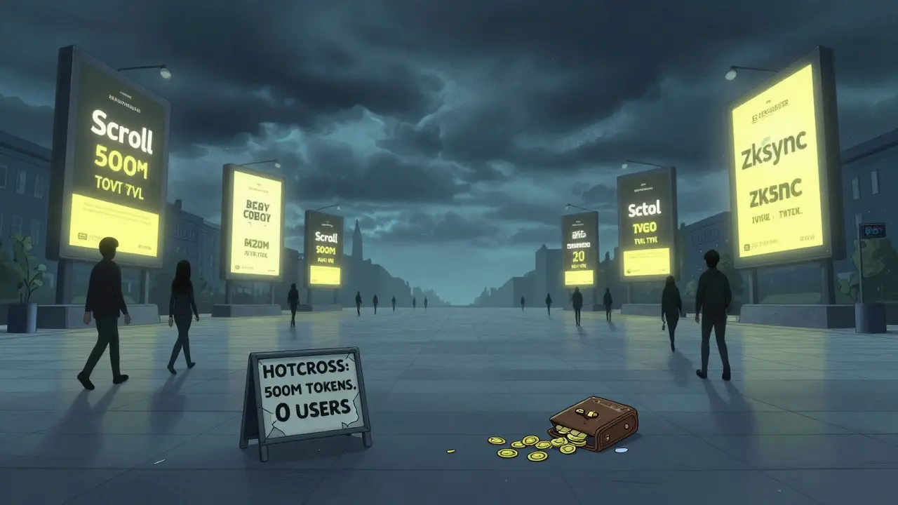 An empty digital plaza with glowing airdrop banners for active projects, while a tiny sign for HOTCROSS lies forgotten on the ground.