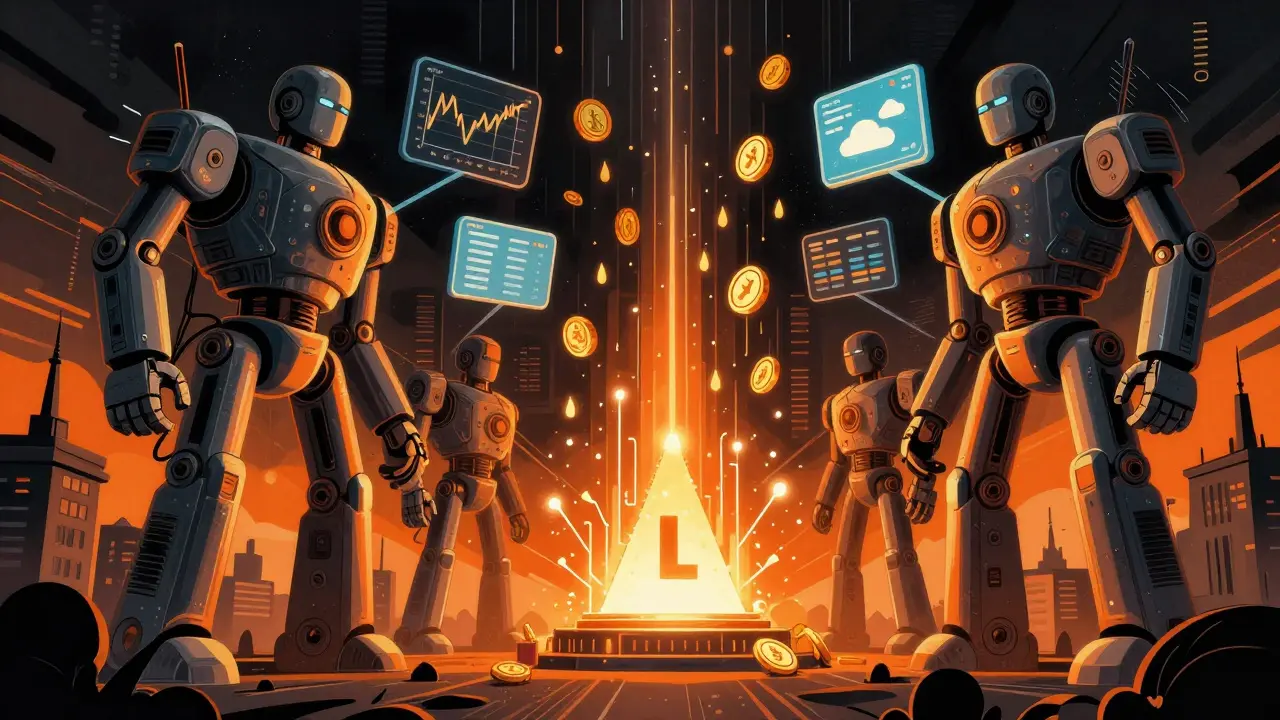 Chainlink oracle nodes transmitting real-world data into a blockchain, with LINK tokens fueling smart contracts.