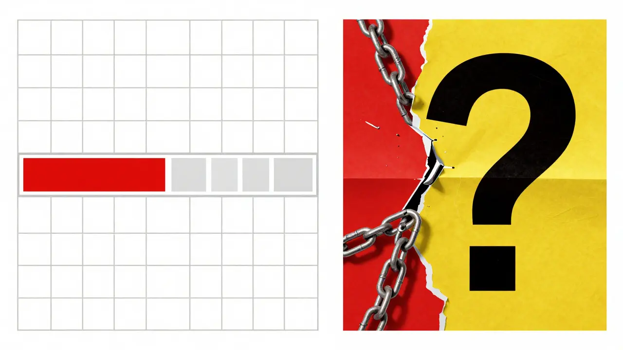 Contrasting panels of empty grid and crumbling claims with geometric symbols.