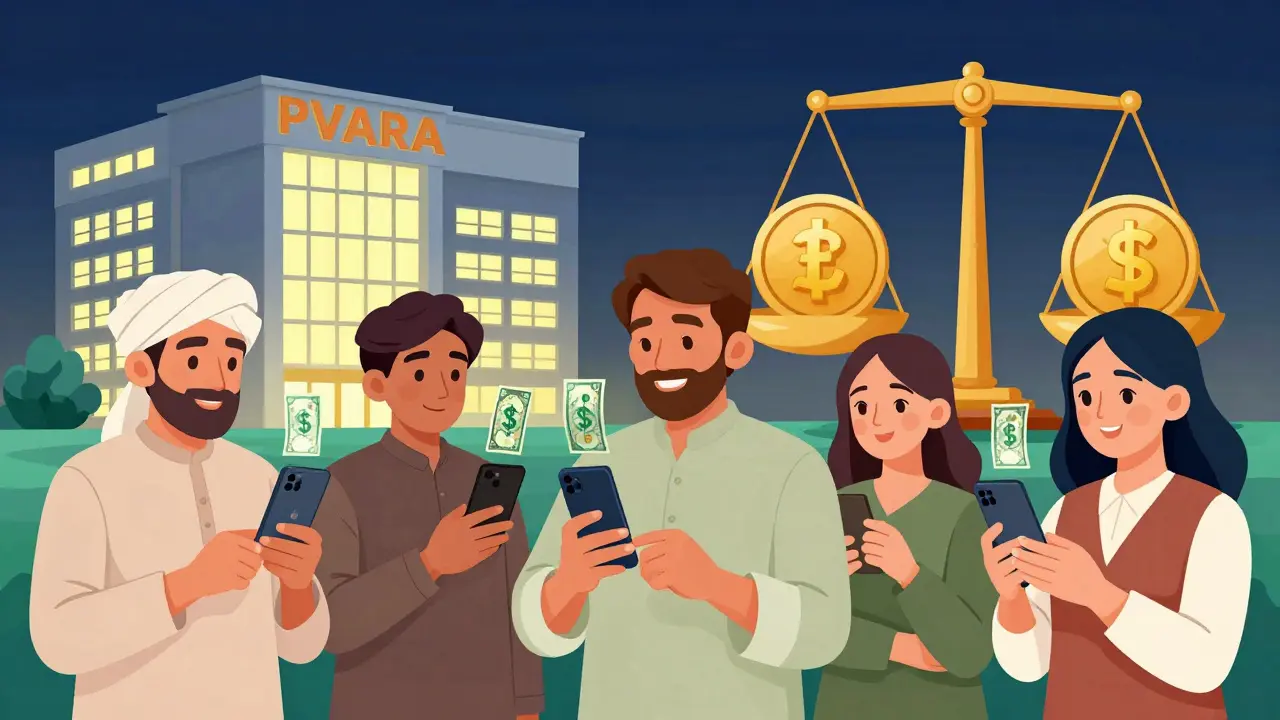 Diverse Pakistanis receiving USDT transfers on phones, with digital dollars replacing rupees, as the new PVARA building rises in the background.