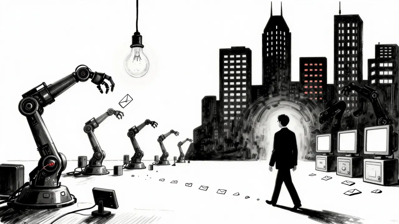 Empty trading floor with a lone .89 reading, while a shadowy figure walks away toward rival exchanges.