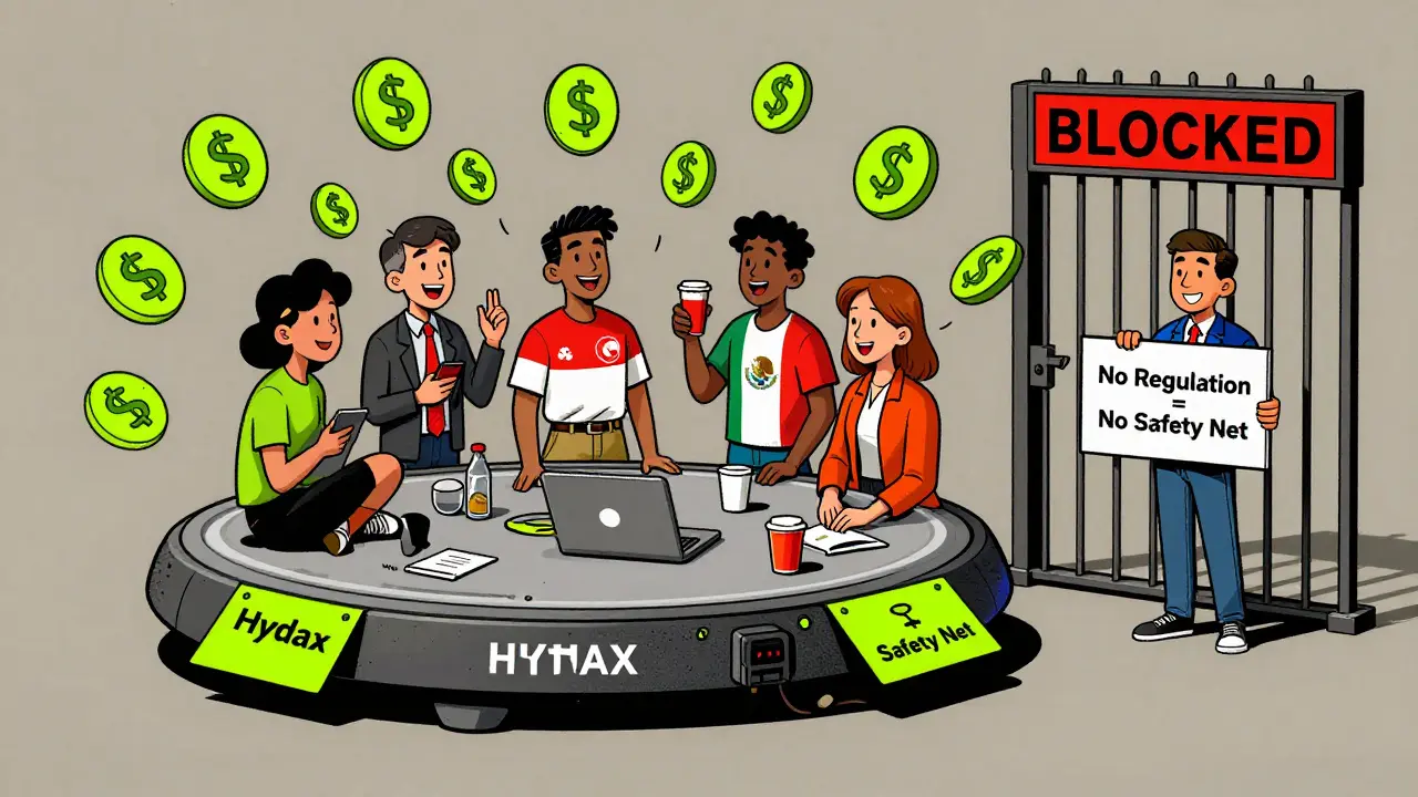 International users trading on Hydax while a U.S. user is barred outside, zero withdrawal fees highlighted, surreal style.