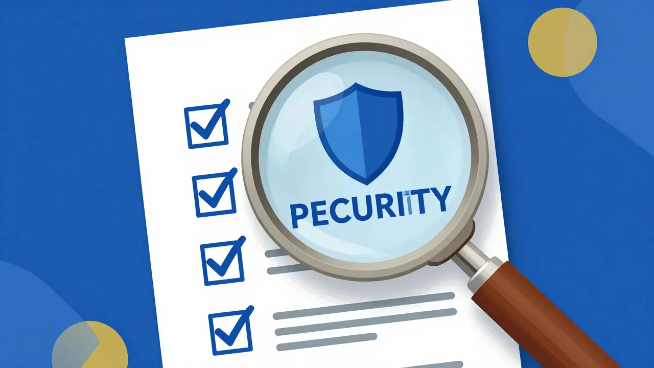 Magnifying glass over security document with checkmarks and shield symbols.