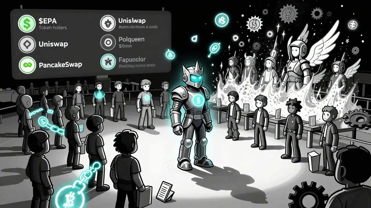 Polqueen NFTs morph from blockchain chains into avatars as community contributors watch, rendered in bold Polish poster art style.