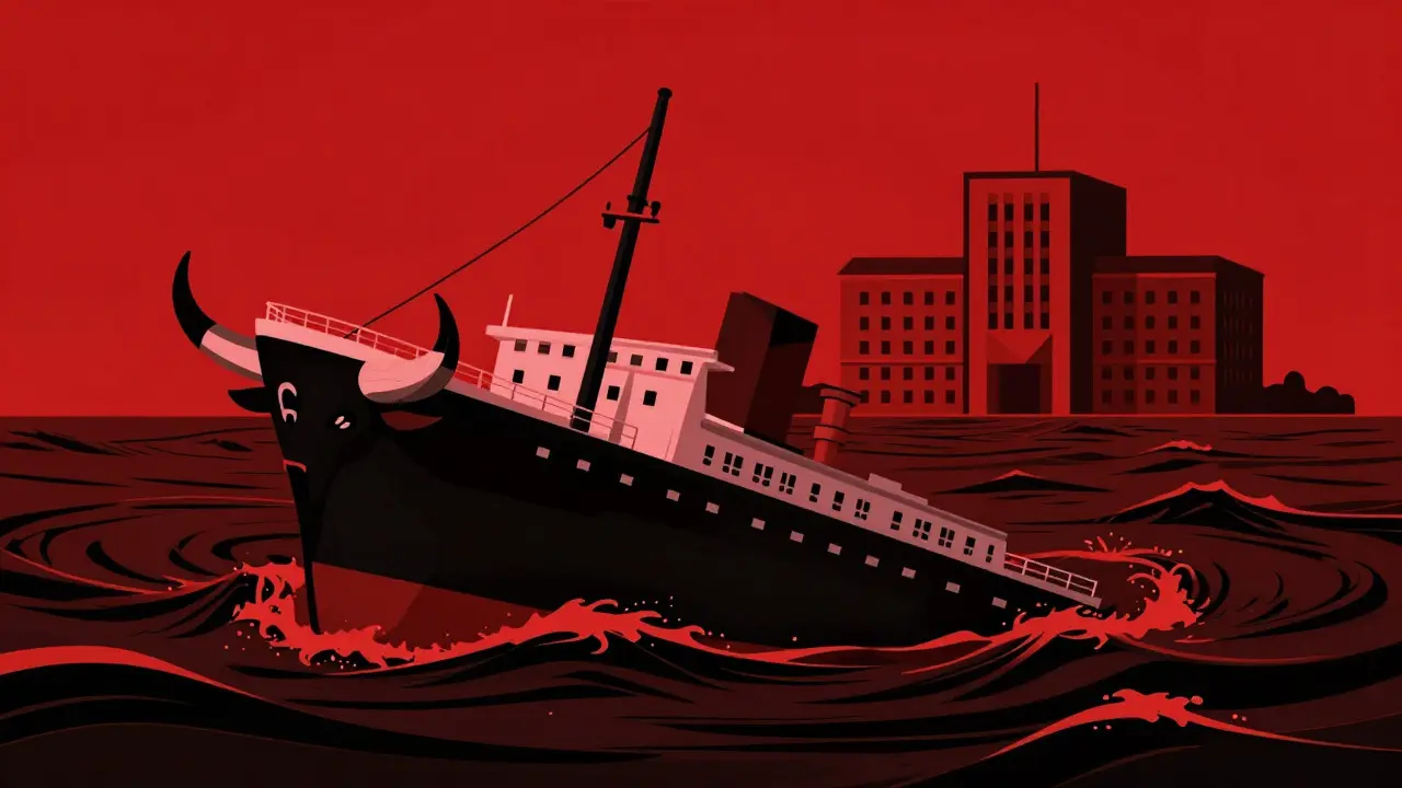 Sinking bull-shaped ship against stable blockchain building