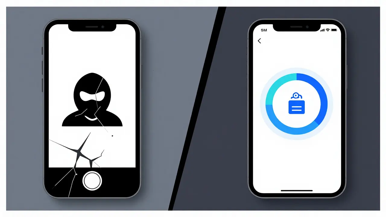 Split composition of SMS phone with hacker symbols and secure authenticator app.