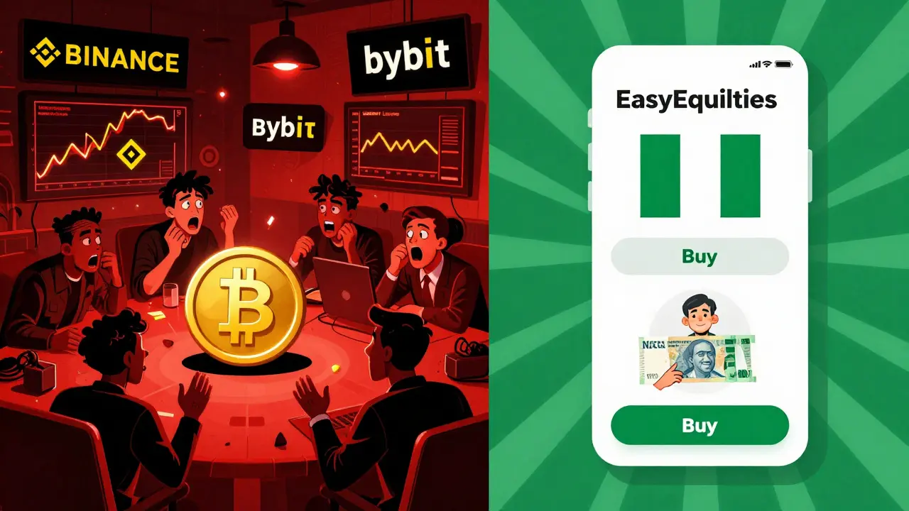 Split illustration: chaotic trading vs. calm EasyEquities app interface, showing contrast between risky and safe crypto use.